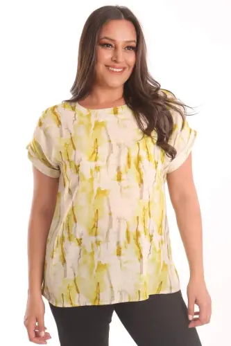 Trend42plus Plus Size Oil Green Batik Patterned Low Sleeve Blouse - 3