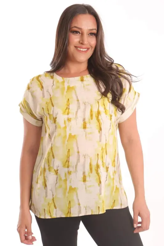 Trend42plus Plus Size Oil Green Batik Patterned Low Sleeve Blouse - 3