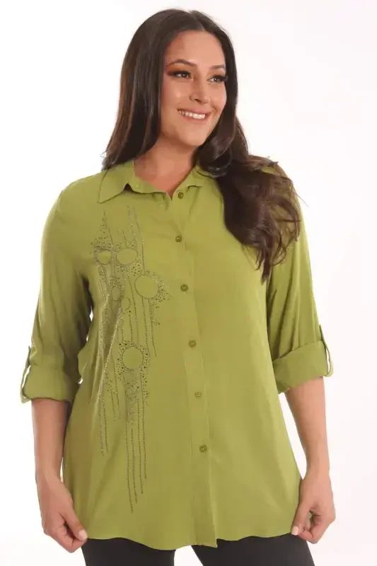 Trend42plus Plus Size Oil Green Stone Printed Woven Shirt - BÜYÜKBEDENIZ
