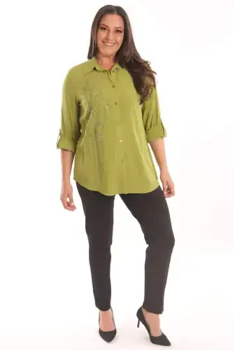 Trend42plus Plus Size Oil Green Stone Printed Woven Shirt - 2