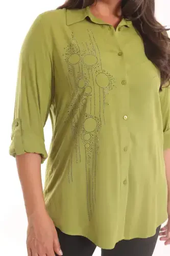 Trend42plus Plus Size Oil Green Stone Printed Woven Shirt - 5