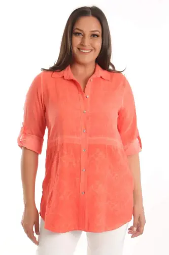 Trend42plus Plus Size Orange Embroidered Batik Washed Shirt - 2