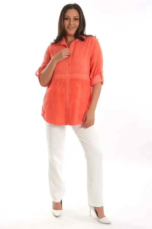 Trend42plus Plus Size Orange Embroidered Batik Washed Shirt - 3