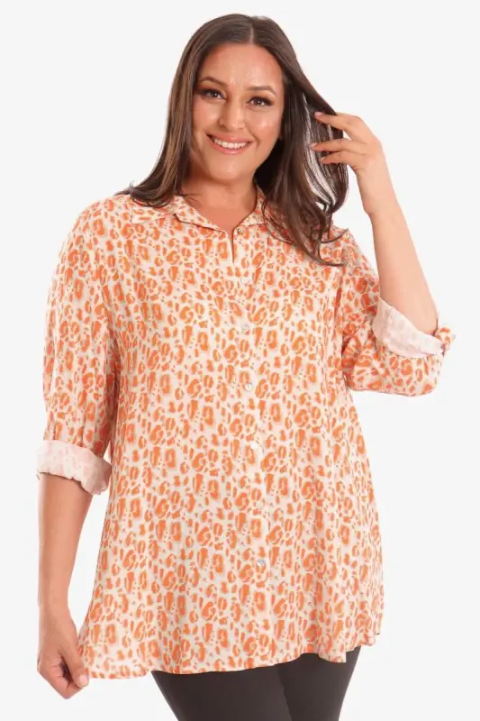 Trend42plus Plus Size Orange Leopard Pattern Digital Printed Shirt - 1