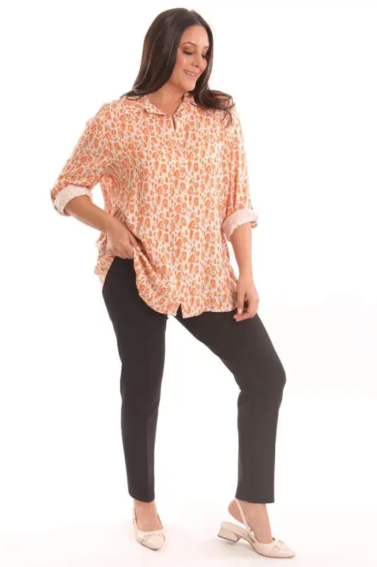 Trend42plus Plus Size Orange Leopard Pattern Digital Printed Shirt - 2