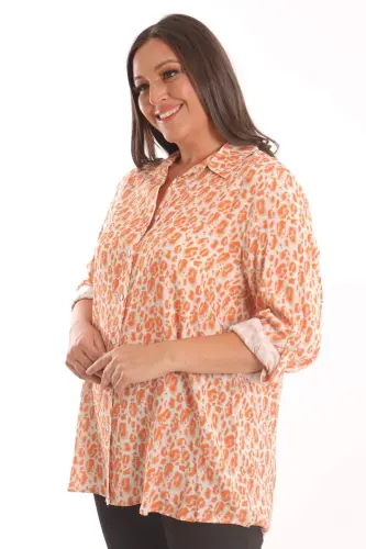 Trend42plus Plus Size Orange Leopard Pattern Digital Printed Shirt - 3
