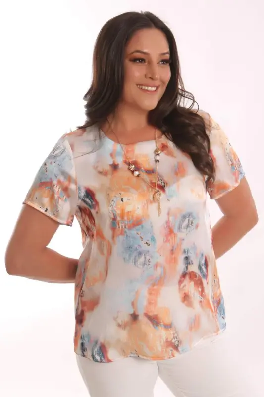 Trend42plus Plus Size Orange Transition Patterned Short Sleeve Blouse - 3