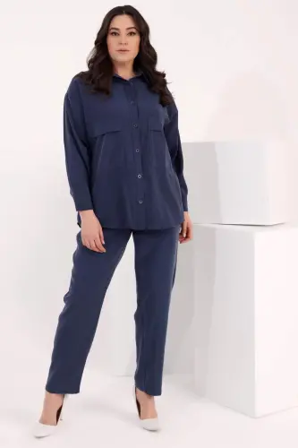 Trend42plus Plus Size Oversize Embellished Pocket Detailed Indigo Shirt Pants Suit - 4
