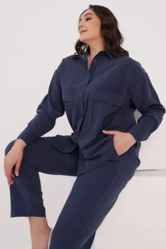 Trend42plus Plus Size Oversize Embellished Pocket Detailed Indigo Shirt Pants Suit - 8