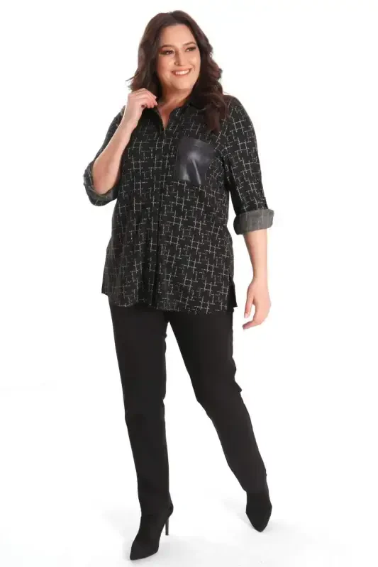 Trend42plus Plus Size Patterned Ornamental Pocket Detailed Knitted Black Shirt - 4