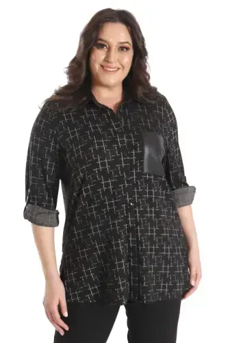 Trend42plus Plus Size Patterned Ornamental Pocket Detailed Knitted Black Shirt - 5