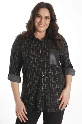 Trend42plus Plus Size Patterned Ornamental Pocket Detailed Knitted Black Shirt - 1
