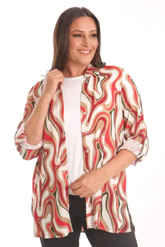 Trend42plus Plus Size Patterned Viscose Shirt Blouse Burgundy Two Piece Set - 1