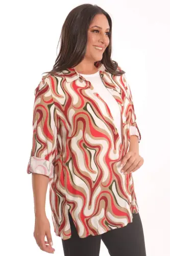 Trend42plus Plus Size Patterned Viscose Shirt Blouse Burgundy Two Piece Set - 3