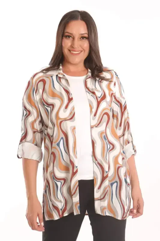Trend42plus Plus Size Patterned Viscose Shirt Blouse Gray Two Piece Set - BÜYÜKBEDENIZ