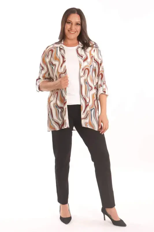 Trend42plus Plus Size Patterned Viscose Shirt Blouse Gray Two Piece Set - 2