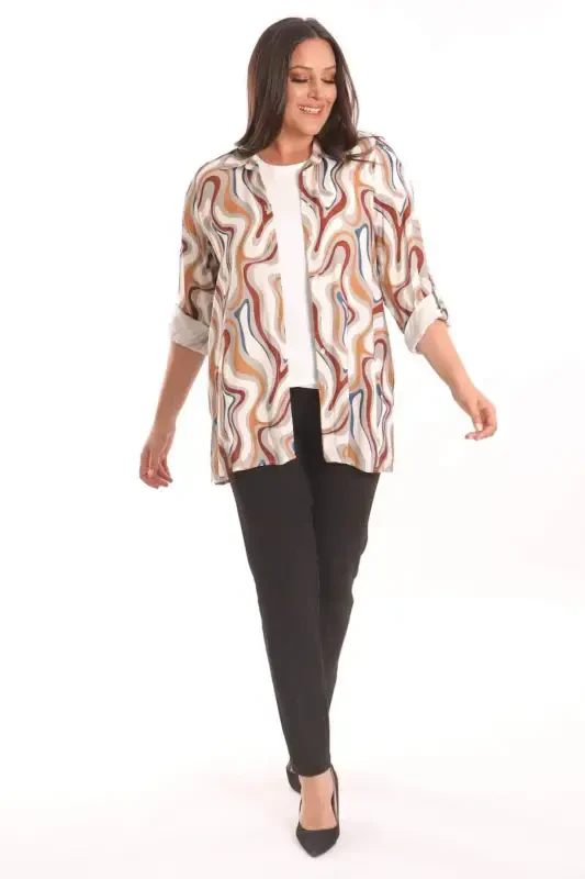 Trend42plus Plus Size Patterned Viscose Shirt Blouse Gray Two Piece Set - 4