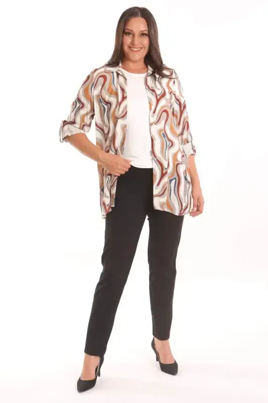 Trend42plus Plus Size Patterned Viscose Shirt Blouse Gray Two Piece Set - 5