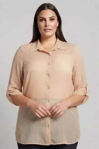 Trend42plus Plus Size Pinstriped Beige Shirt - BÜYÜKBEDENIZ (1)