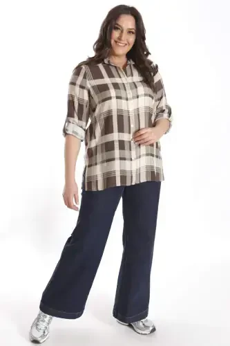 Trend42plus Plus Size Plaid Patterned Brown Shirt - BÜYÜKBEDENIZ (1)