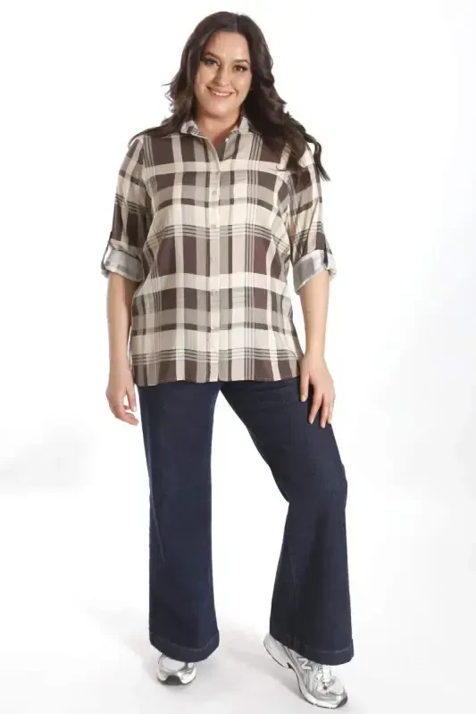 Trend42plus Plus Size Plaid Patterned Brown Shirt - 4