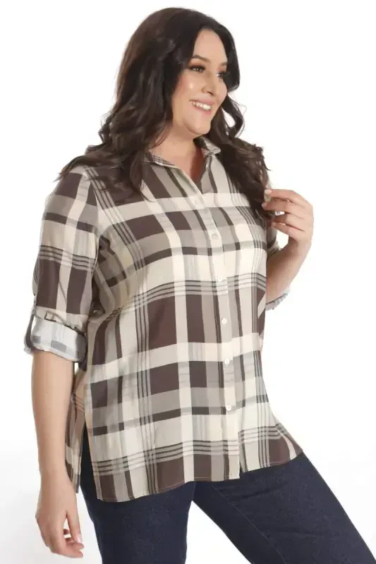 Trend42plus Plus Size Plaid Patterned Brown Shirt - 5
