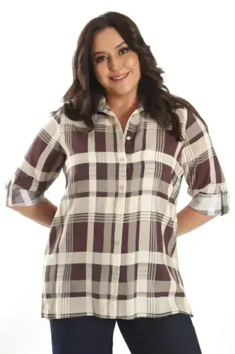 Trend42plus Plus Size Plaid Patterned Burgundy Shirt - 1