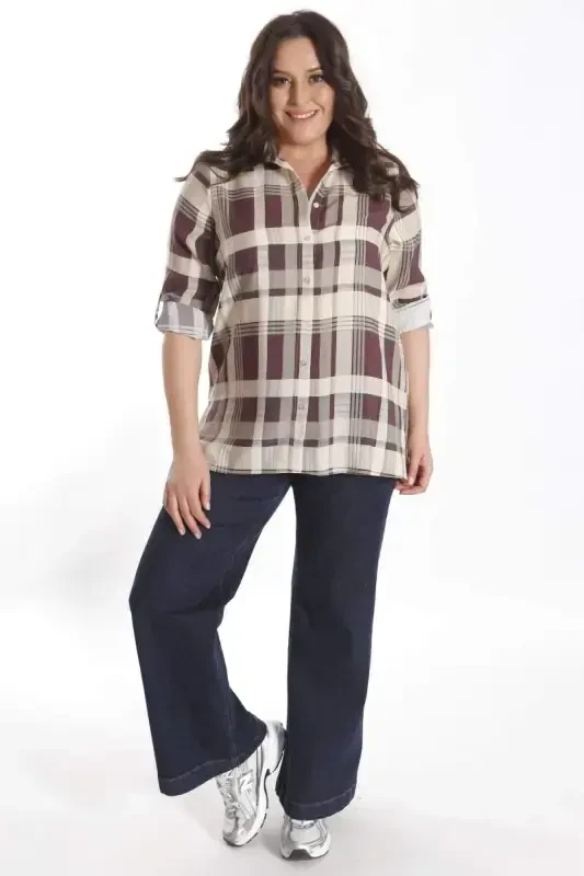 Trend42plus Plus Size Plaid Patterned Burgundy Shirt - 2