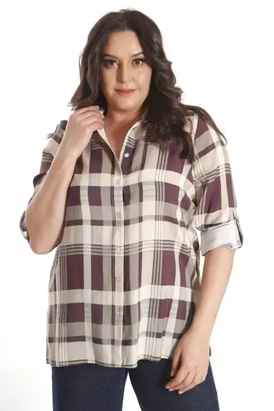 Trend42plus Plus Size Plaid Patterned Burgundy Shirt - 3
