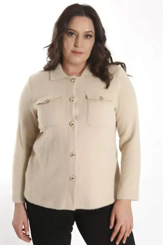 Trend42plus Plus Size Pocket Detailed Knitted Beige Jacket - BÜYÜKBEDENIZ