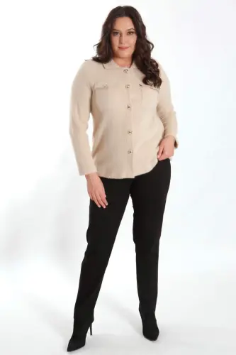 Trend42plus Plus Size Pocket Detailed Knitted Beige Jacket - BÜYÜKBEDENIZ (1)