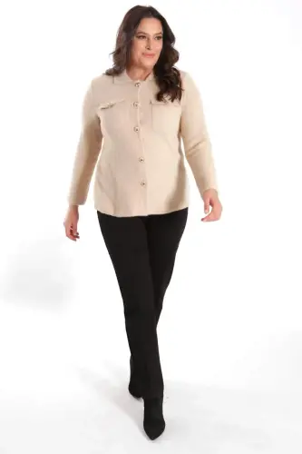 Trend42plus Plus Size Pocket Detailed Knitted Beige Jacket - 4