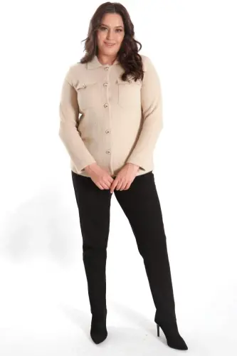 Trend42plus Plus Size Pocket Detailed Knitted Beige Jacket - 6