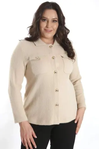 Trend42plus Plus Size Pocket Detailed Knitted Beige Jacket - 7