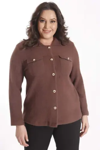Trend42plus Plus Size Pocket Detailed Knitted Brown Jacket - 1