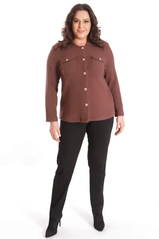 Trend42plus Plus Size Pocket Detailed Knitted Brown Jacket - 2