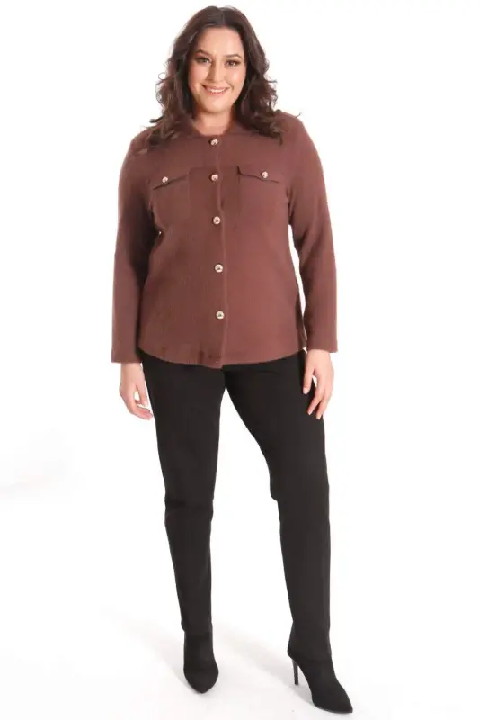 Trend42plus Plus Size Pocket Detailed Knitted Brown Jacket - 4
