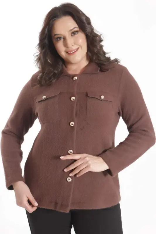 Trend42plus Plus Size Pocket Detailed Knitted Brown Jacket - 5
