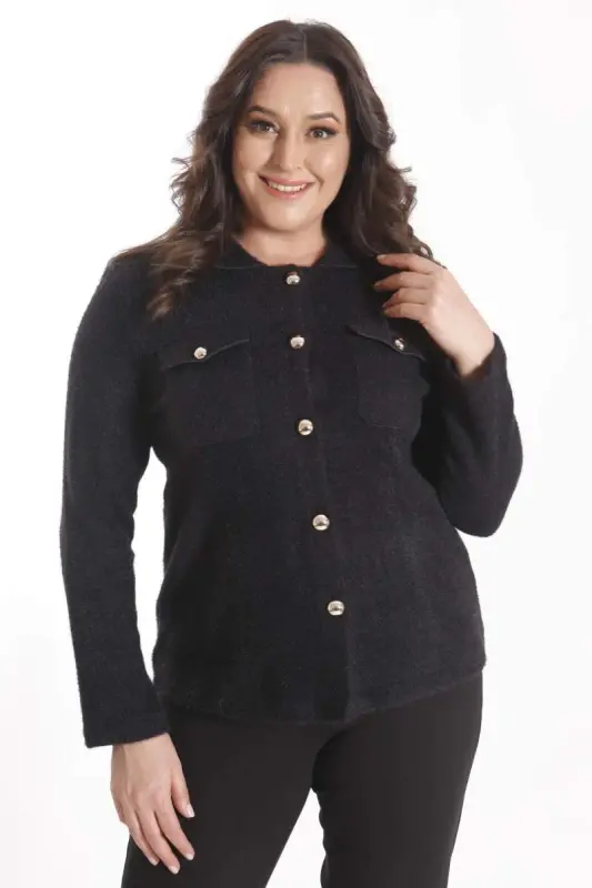 Trend42plus Plus Size Pocket Detailed Tricot Black Jacket - 3