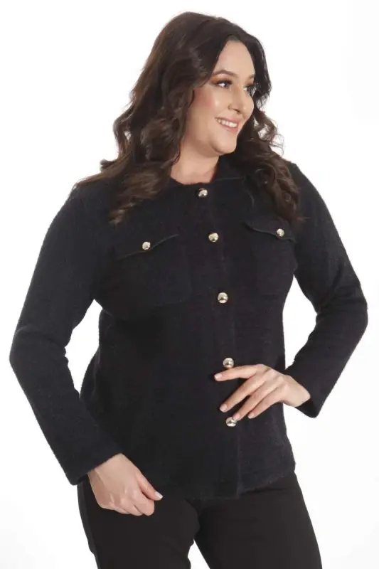 Trend42plus Plus Size Pocket Detailed Tricot Black Jacket - 5