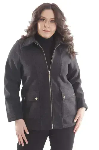 Trend42plus Plus Size Pocket Detailed Zippered Black Wool Coat - 1