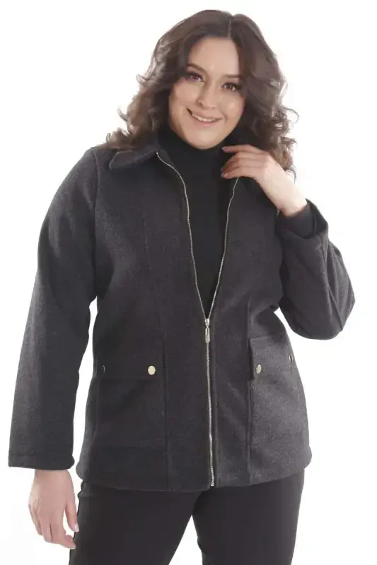 Trend42plus Plus Size Pocket Detailed Zippered Black Wool Coat - 4