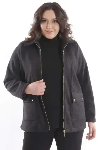 Trend42plus Plus Size Pocket Detailed Zippered Black Wool Coat - 5