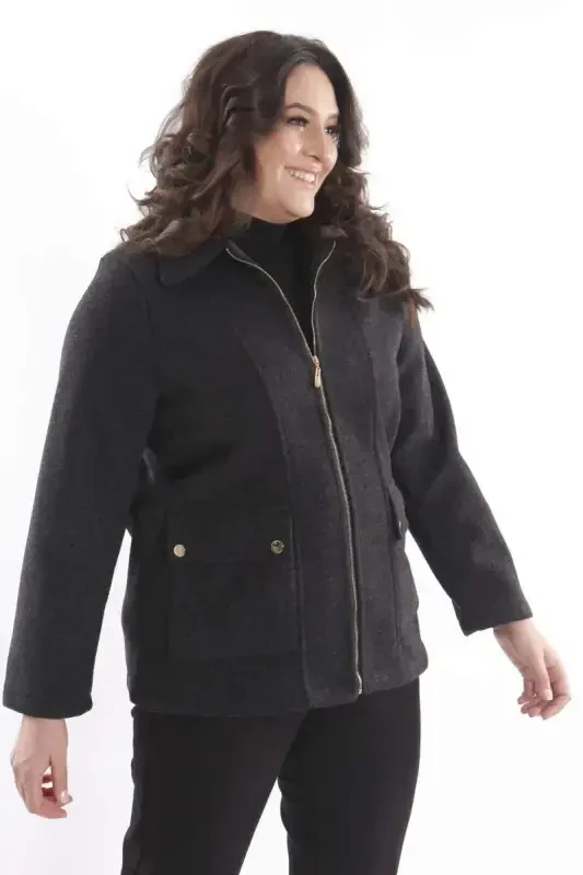 Trend42plus Plus Size Pocket Detailed Zippered Black Wool Coat - 6