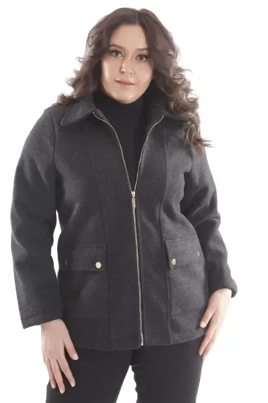 Trend42plus Plus Size Pocket Detailed Zippered Black Wool Coat - 1