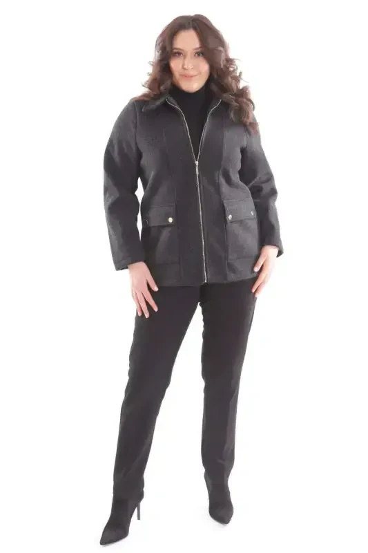 Trend42plus Plus Size Pocket Detailed Zippered Black Wool Coat - 2