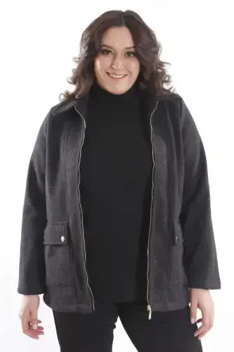 Trend42plus Plus Size Pocket Detailed Zippered Black Wool Coat - 3