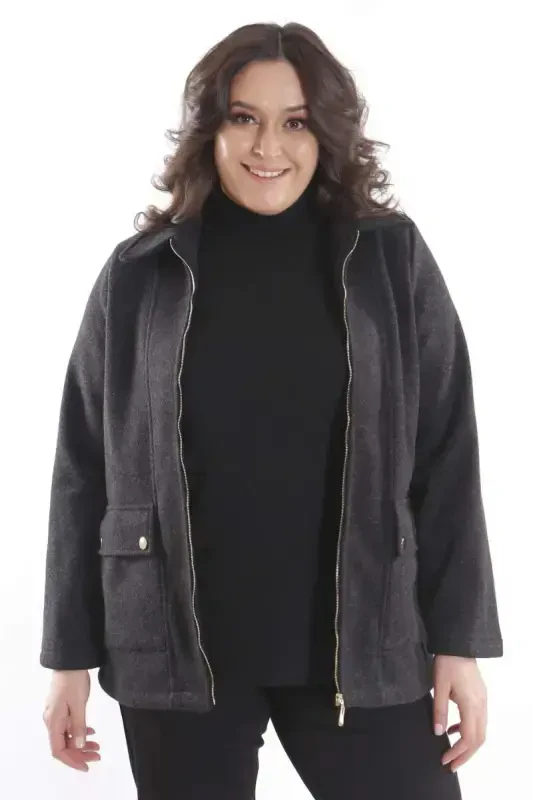 Trend42plus Plus Size Pocket Detailed Zippered Black Wool Coat - 3