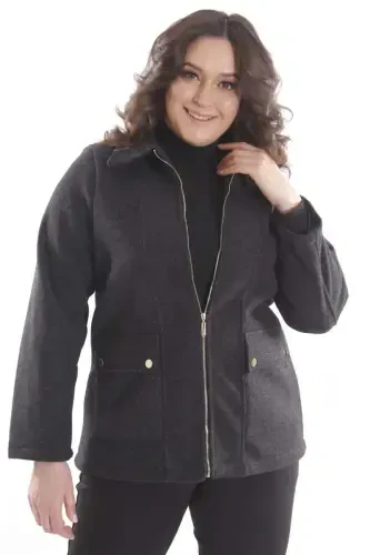 Trend42plus Plus Size Pocket Detailed Zippered Black Wool Coat - 4