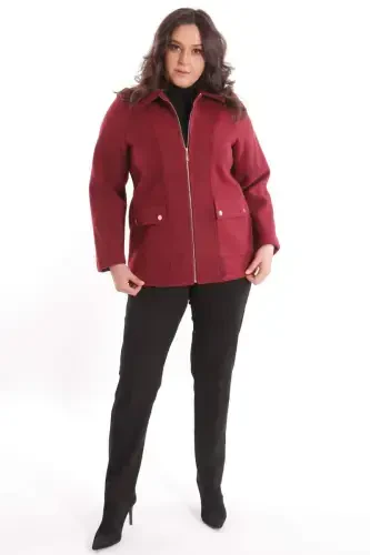 Trend42plus Plus Size Pocket Detailed Zippered Burgundy Wool Blend Coat - BÜYÜKBEDENIZ (1)